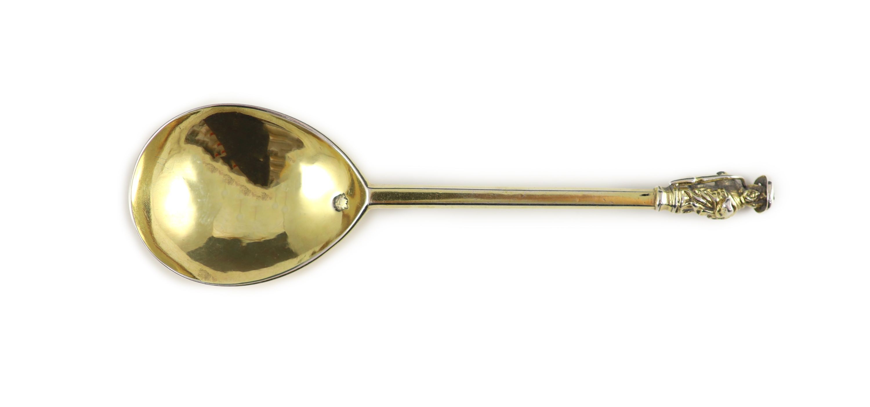 An Elizabeth I silver gilt Apostle spoon, likely St. Thomas, possibly Patrick Brue, London, 1592, 18cm long, 2.1 oz (possibly re-gilded)